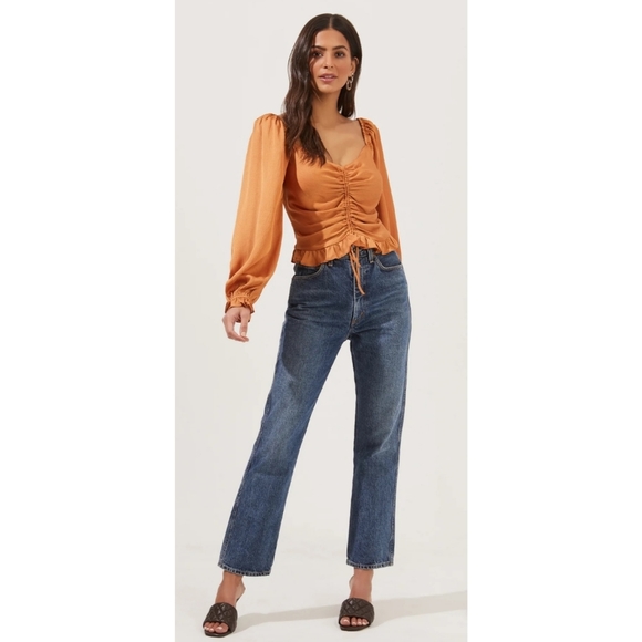 ASTR Love Song Ruched Frill Puff Sleeve Top XS Apricot - Picture 3 of 12